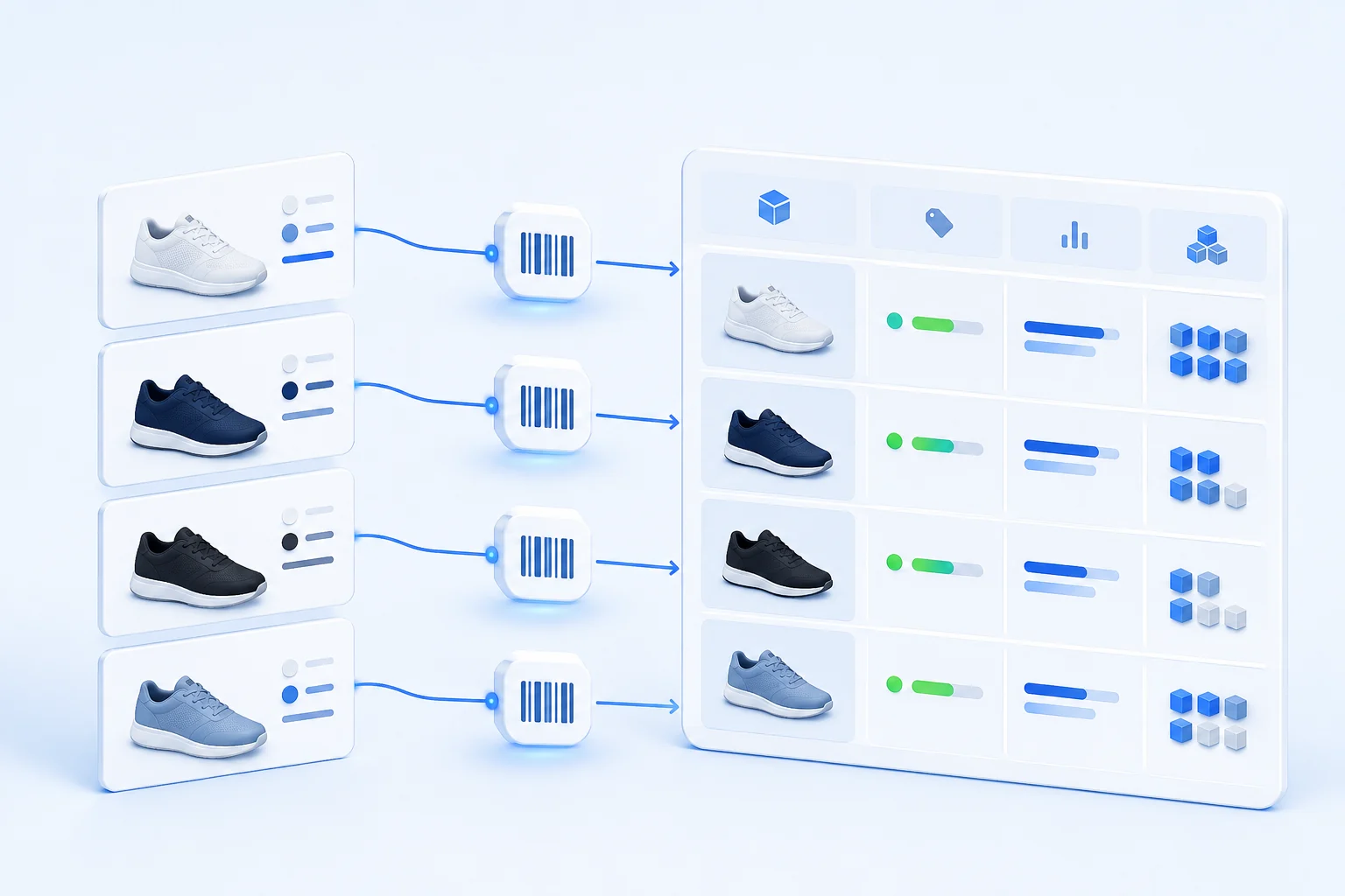 Blaue Produktkarten mit eindeutig verbundenen Barcode- und Varianten-Symbolen